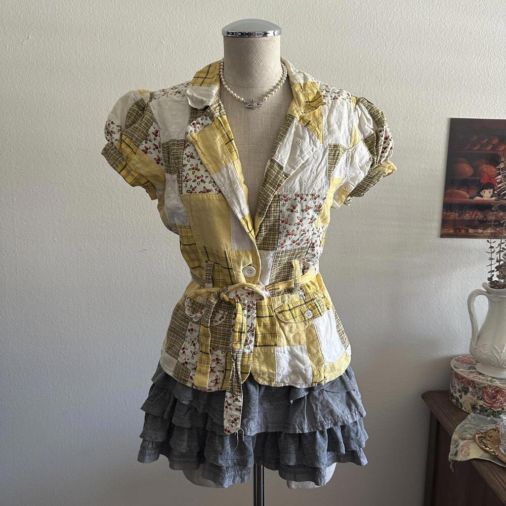 Yellow Patchwork Cap Sleeve Button Blouse - image 2